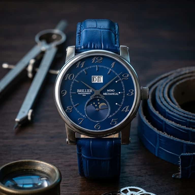 Brillier Mono Mechanical Blue Dial Automatic Watch with Moon Phase and Big Date