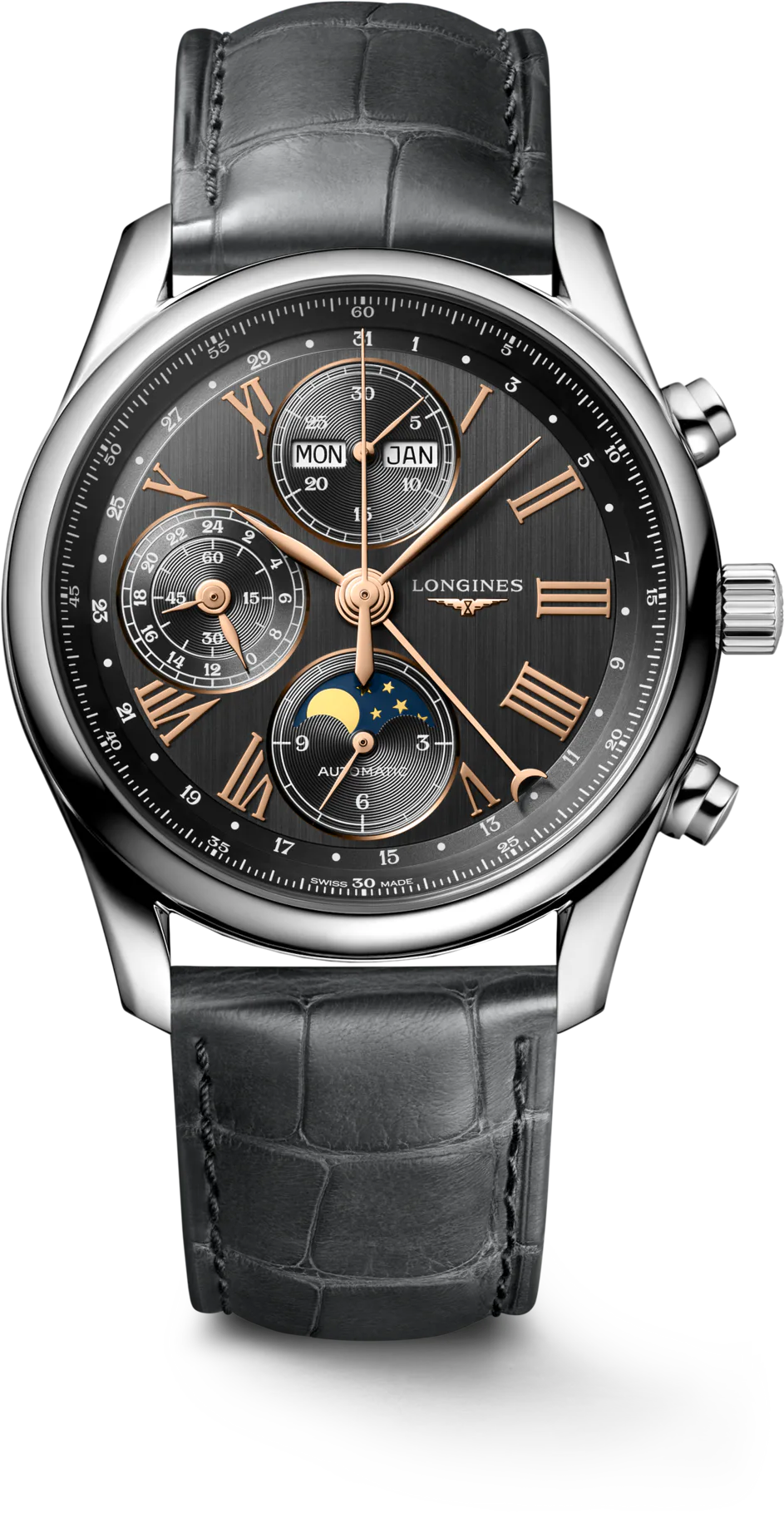 Longines MASTER COLLECTION CHRONO MOONPHASE — alternative to Islander Islander Bridgehampton Racing Chronograph with Asphalt Black Dial #ISL-234