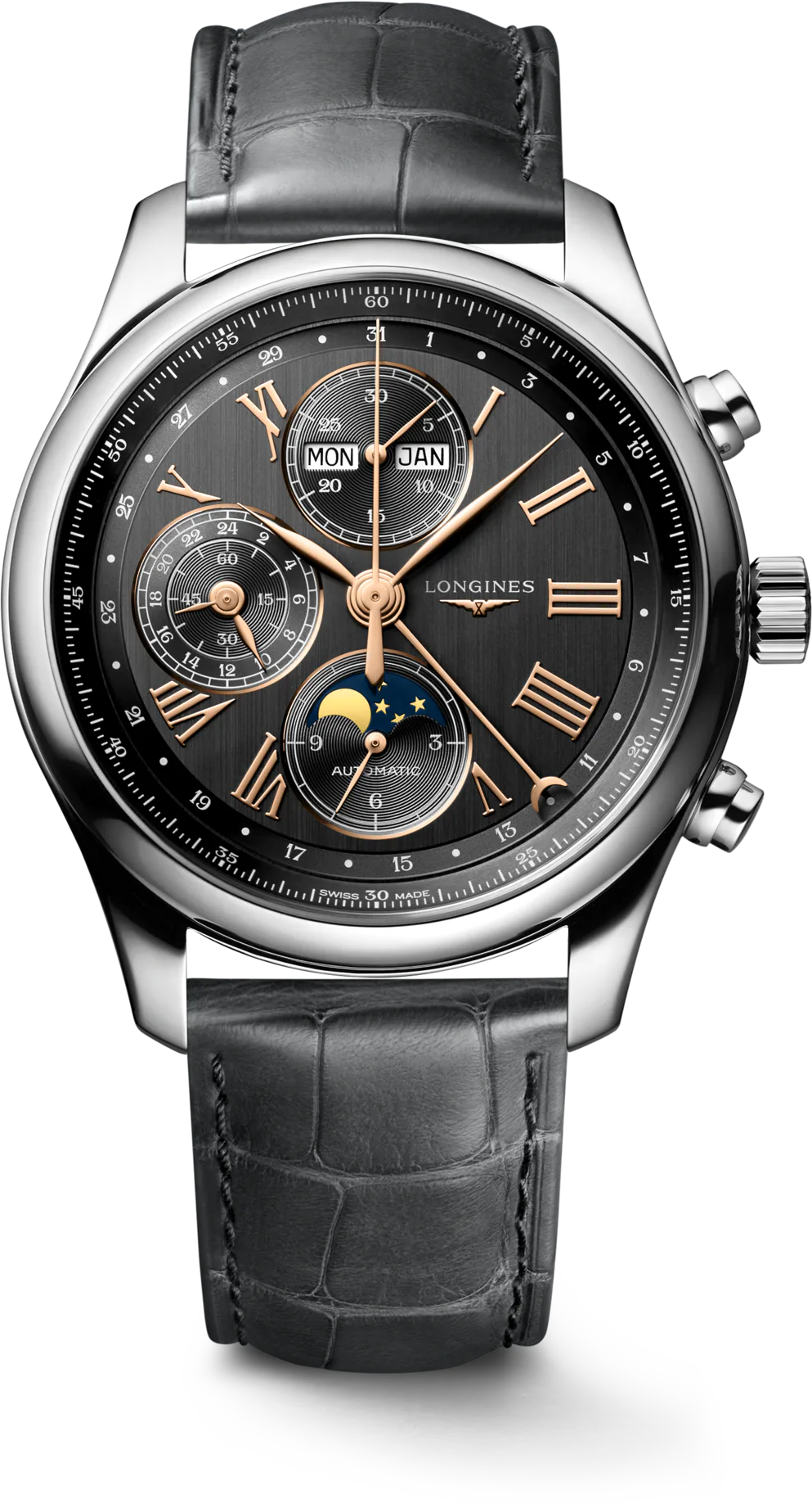 Longines MASTER COLLECTION CHRONO MOONPHASE — alternative to Islander Islander Bridgehampton Racing Chronograph with Asphalt Black Dial #ISL-234