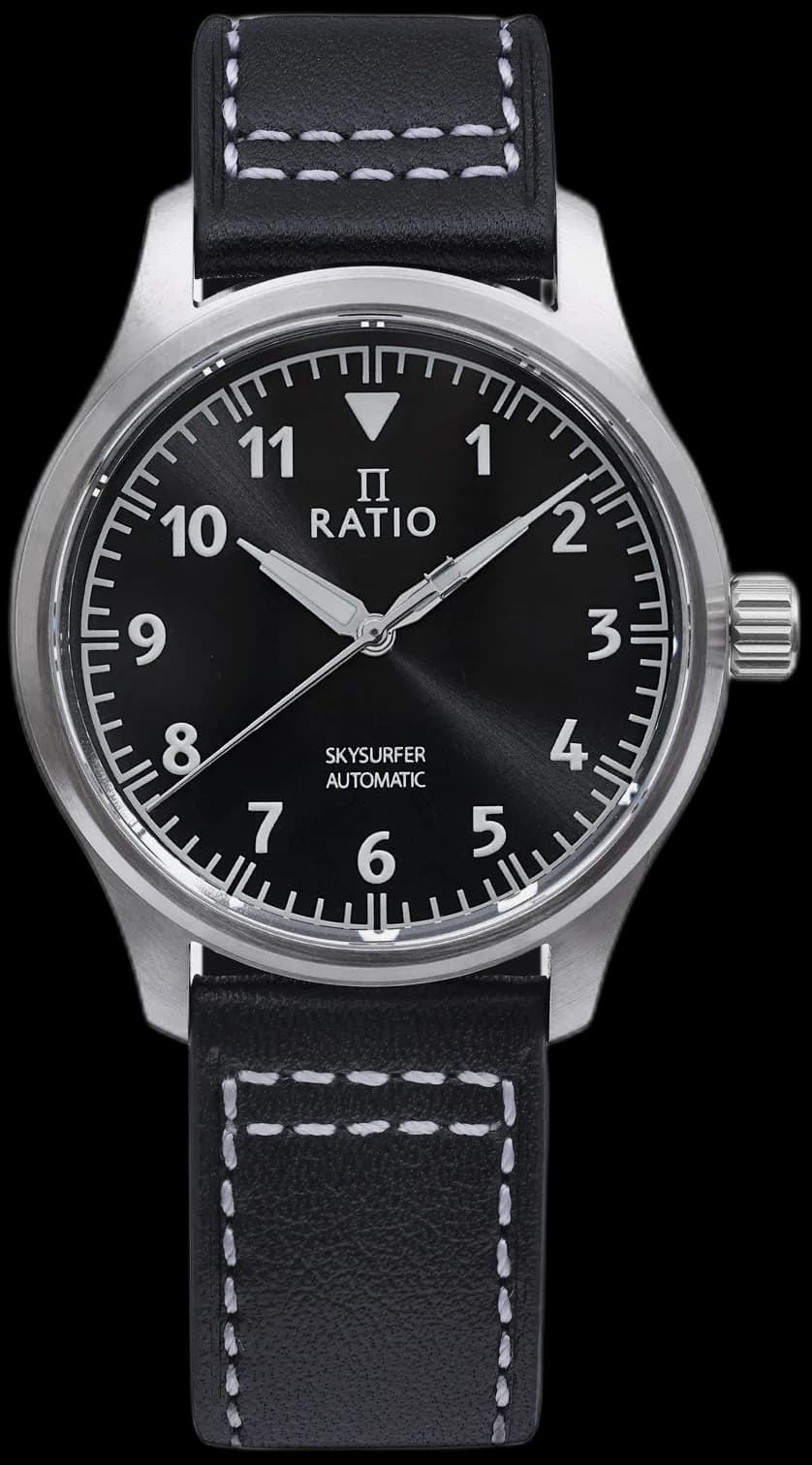 Skysurfer Pilot Black Sunray Dial Leather Automatic RTS305 200M Mens Watch