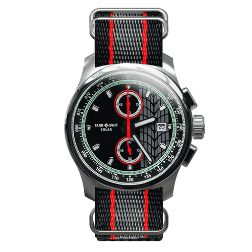 Farr + Swit solar chronograph, bicompax subdials, smooth tachy bezel ~40mm