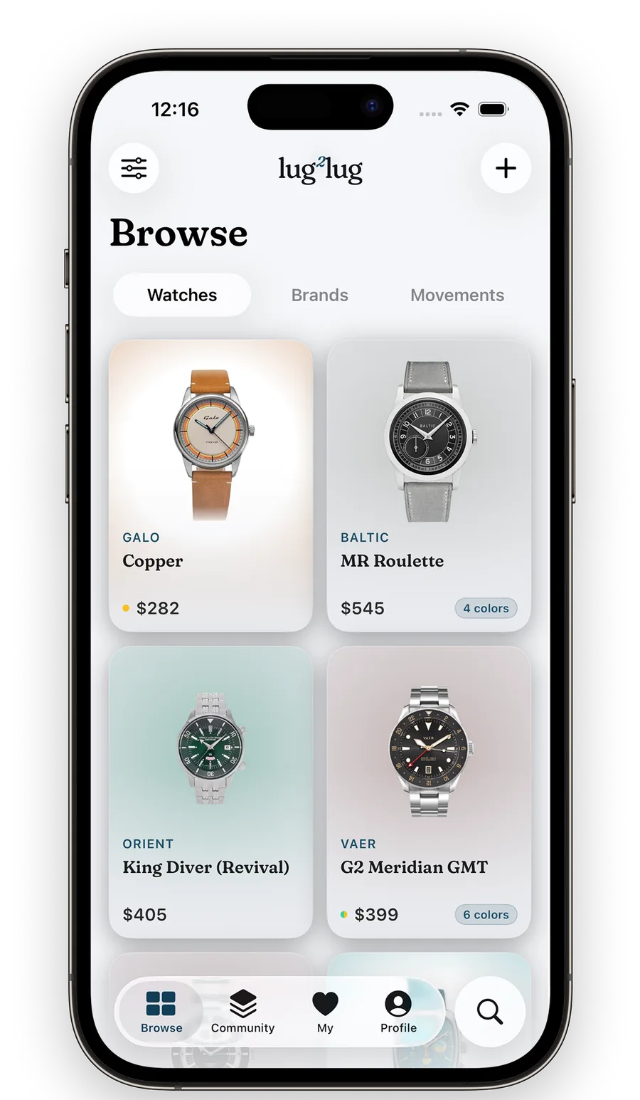 The lug²lug app browse screen — a grid of watches with brand, model, colorway count, and price