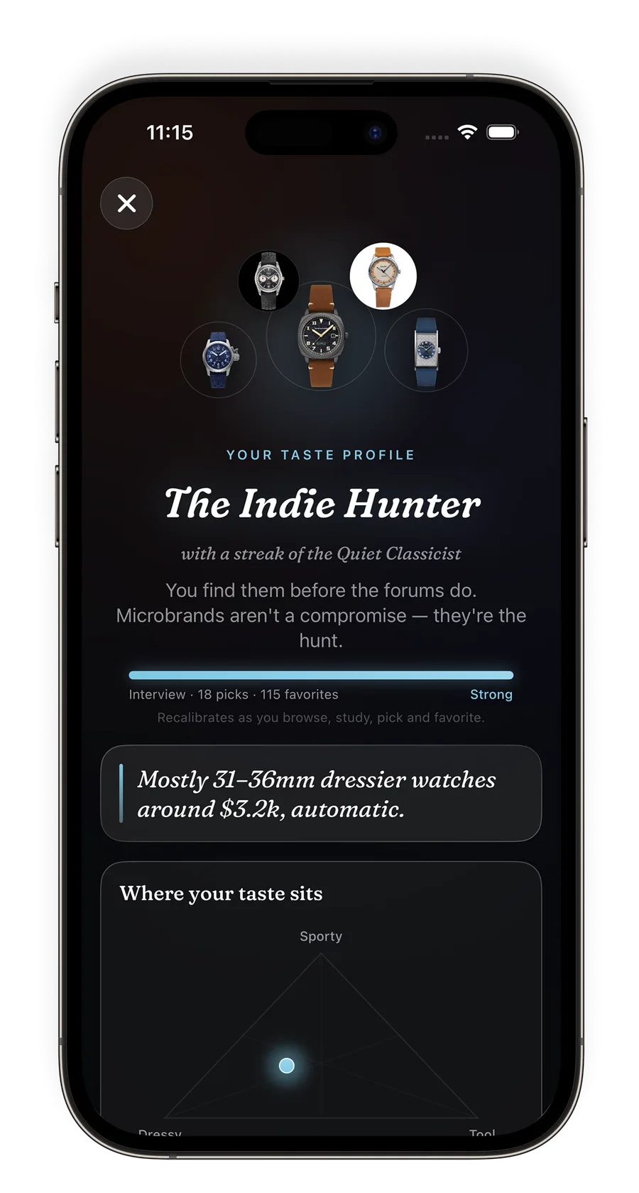 A lug²lug taste profile result — “The Indie Hunter”, with size, price, and style read-outs
