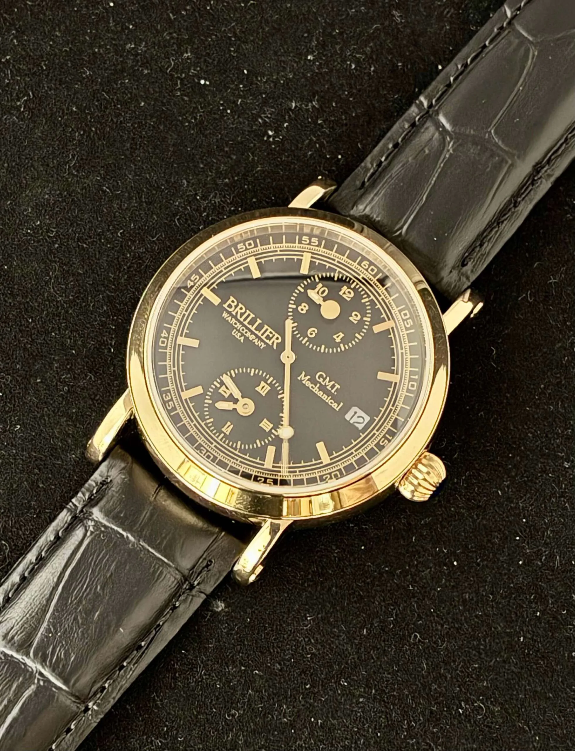 Brillier GMT (DUAL TIME) Mechanical Automatic Round 38 mm Gold Case Black Face