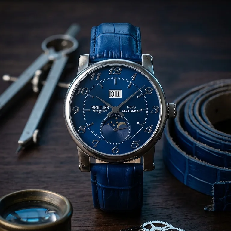 Brillier Mono Mechanical Blue Dial Automatic Watch with Moon Phase and Big Date