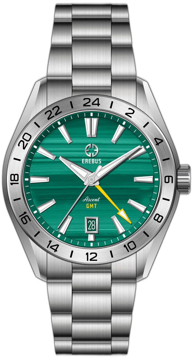 Erebus Watches Ascent 40 GMT (4th central GMT hand, 24-hour rotating GMT bezel, "Ascent GMT" dial text, date at 6)