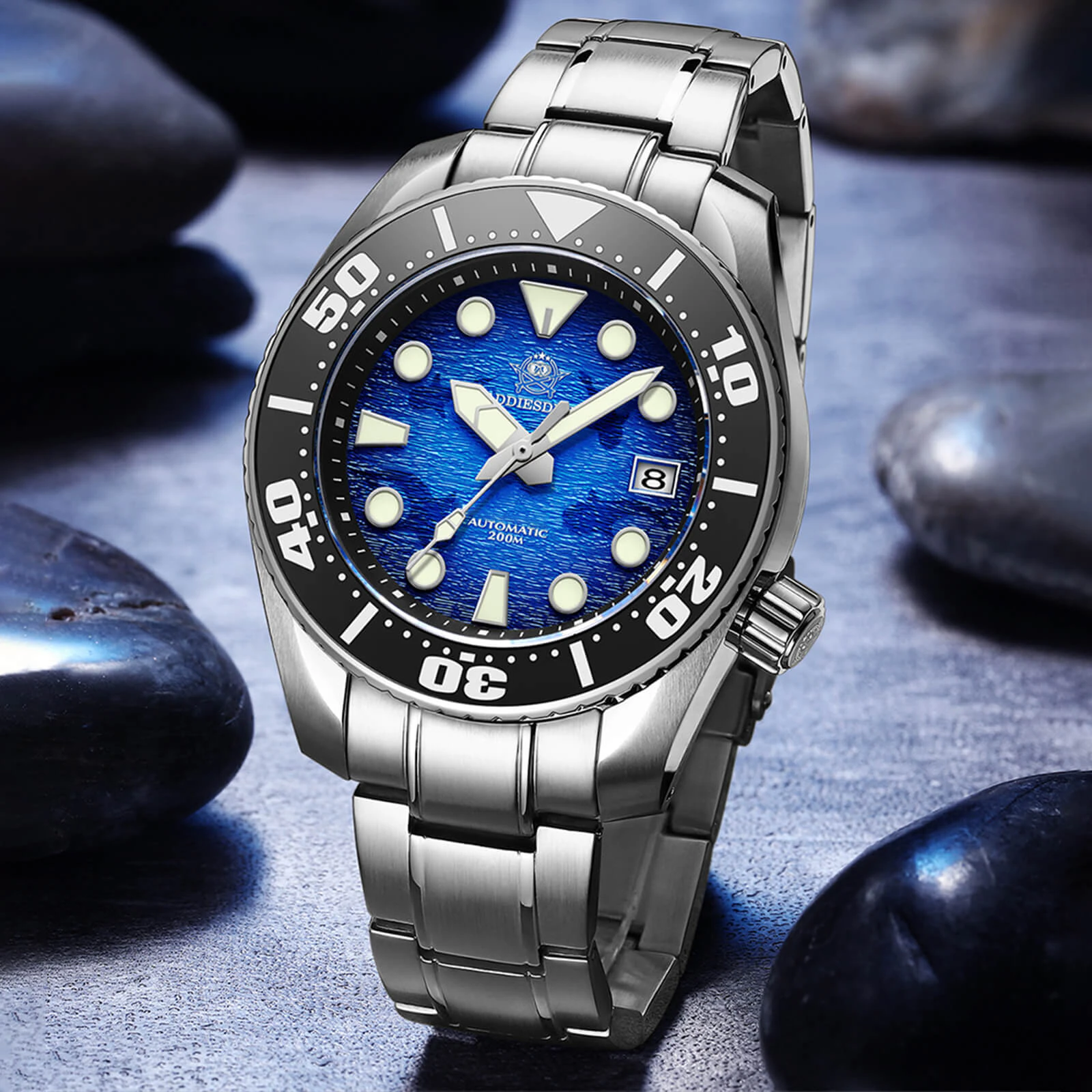Addiesdive 44.5mm Diver Watch for Men Unique Blue Dial 200M