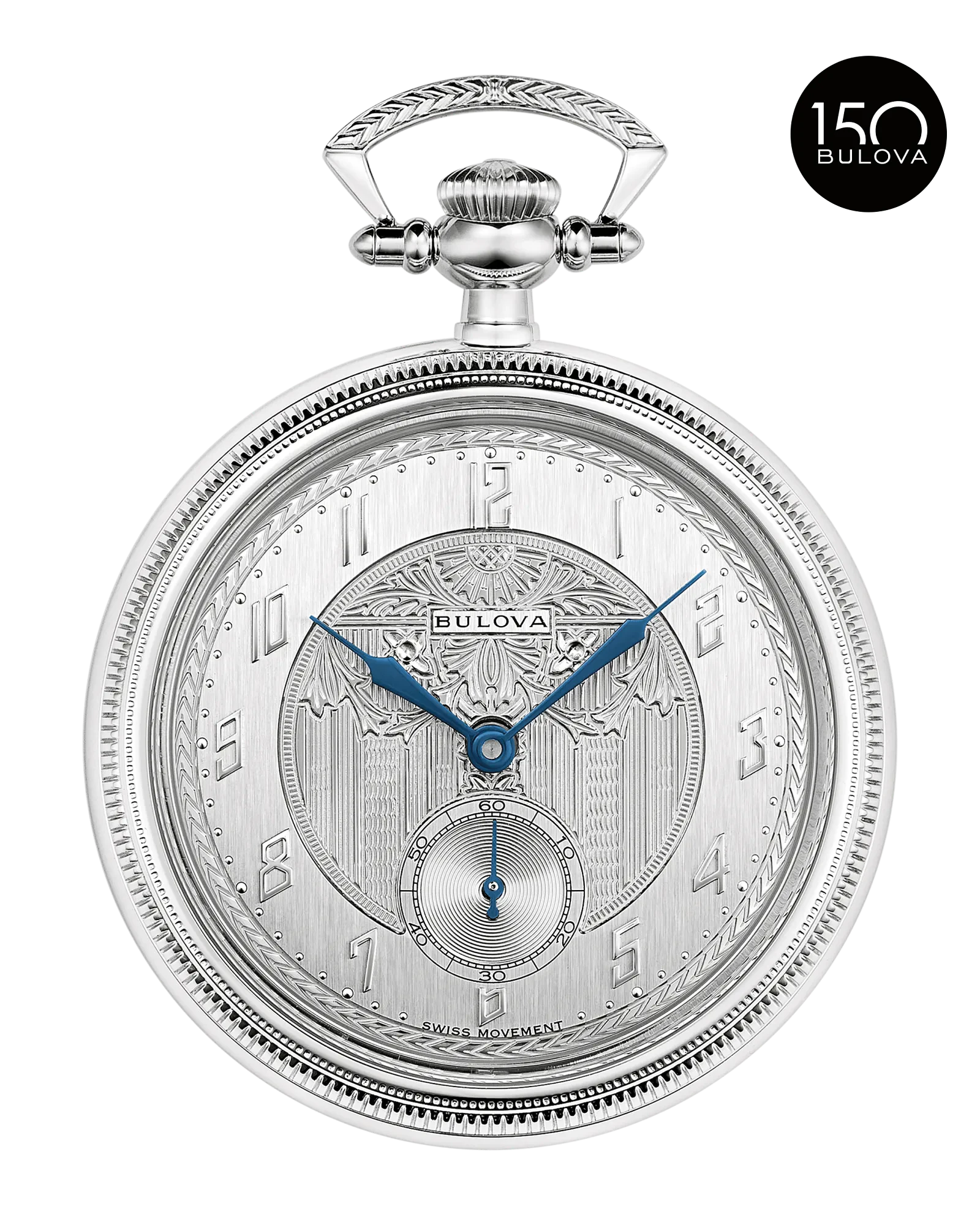 Bulova Silver-Tone Dial Stainless Steel Chain Pocket Watch 96A325