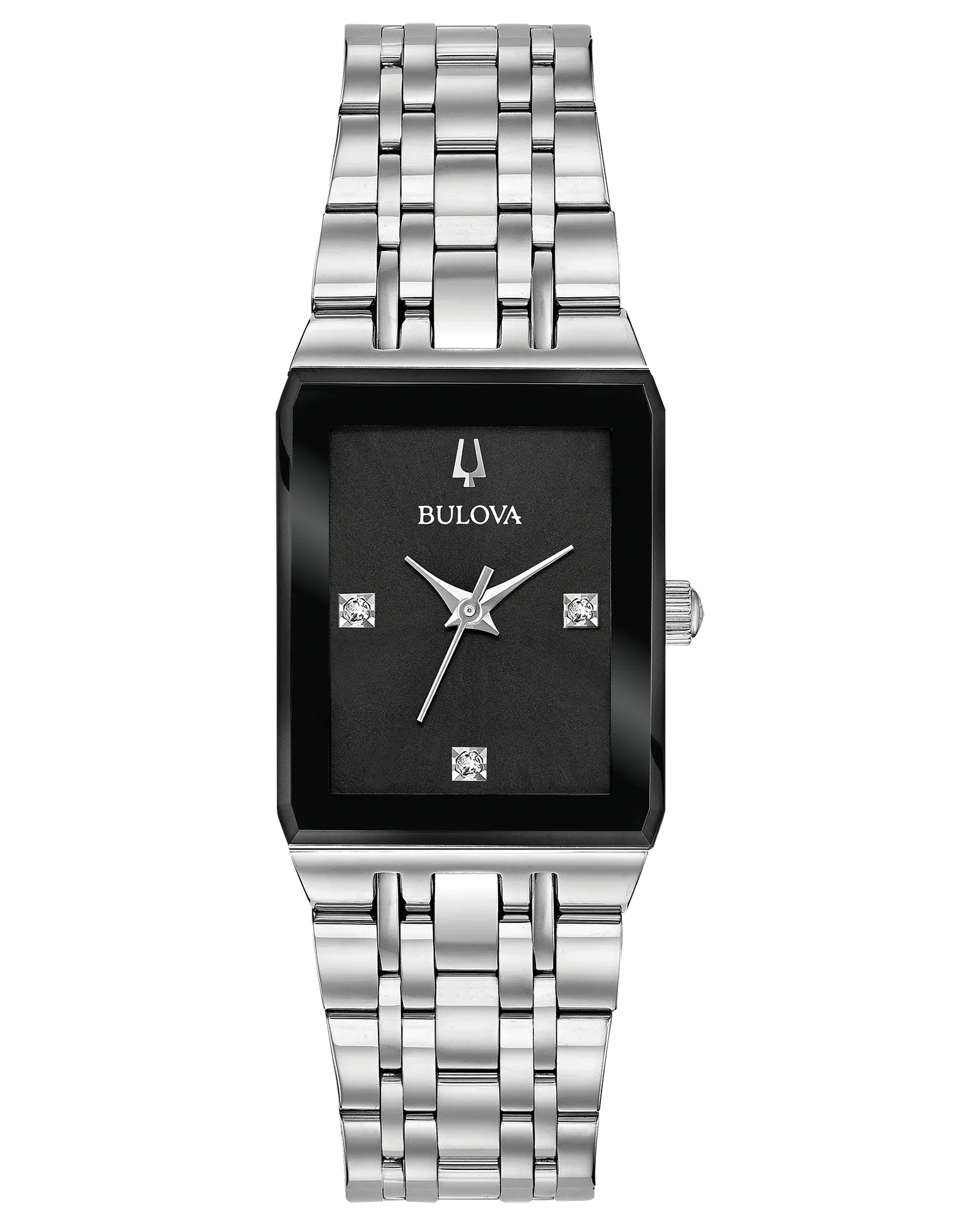 Bulova Quadra Black Dial Diamond Rectangular Steel Watch