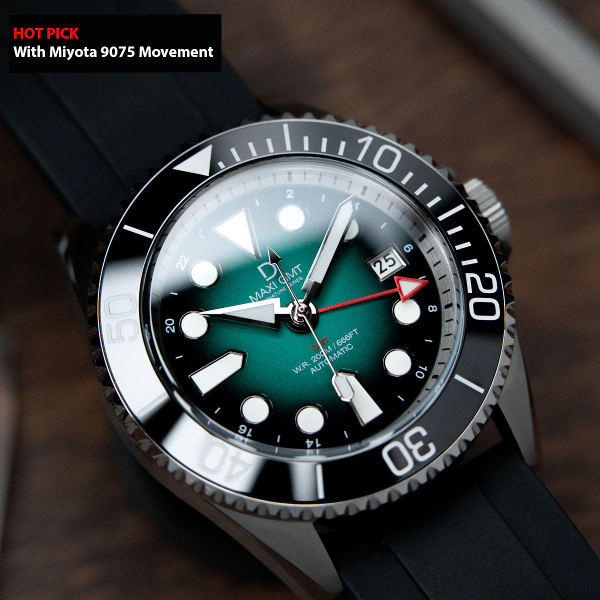 DIYWATCH Club 42mm Miyota 9075 GMT Dive Watch Kit - MAXI GMT (Signature) Green Fume