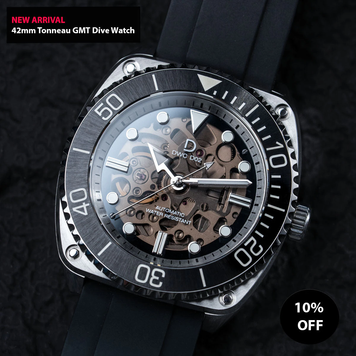 DIYWATCH Club 42mm Tonneau Dive Watch with Crystal Dial - DWC-D02S