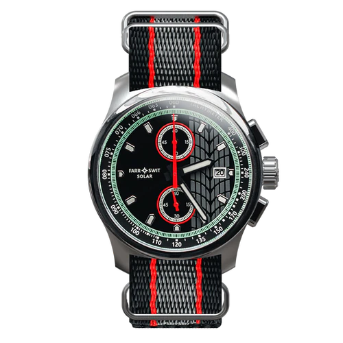 Farr + Swit solar chronograph, bicompax subdials, smooth tachy bezel ~40mm