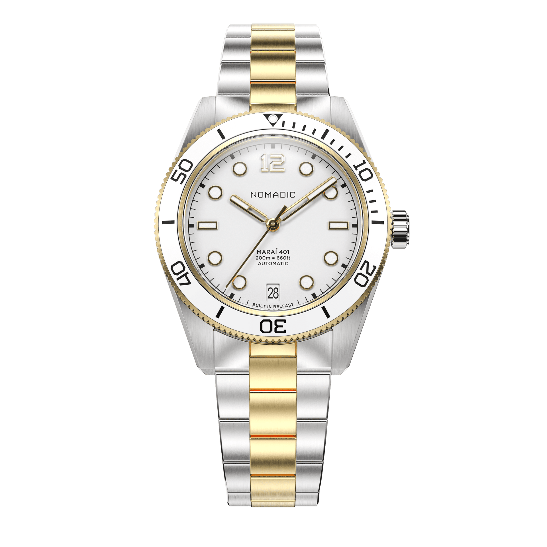 Nomadic White & Gold - Maraí 401 Prestige Compact - 36mm 18K Gold Dive Watch (