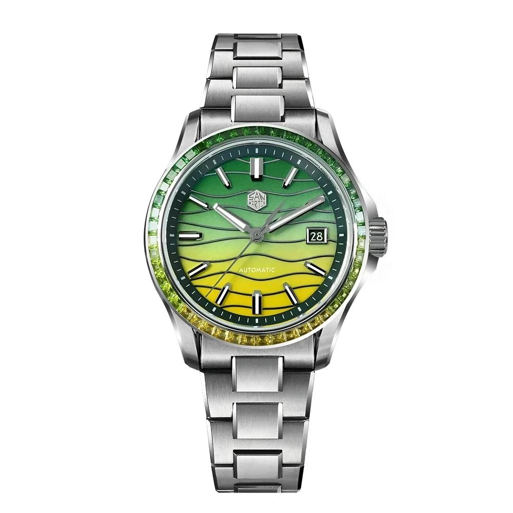 San Martin 39mm Men Watch Miyota 9015 Automatic Mechanical with Gemstones Bezel Mop Dial SN0150