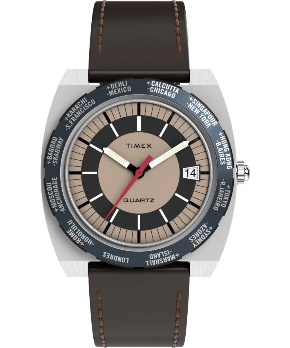 Timex Q Timex 1972 World Time 39mm Leather Strap Watch