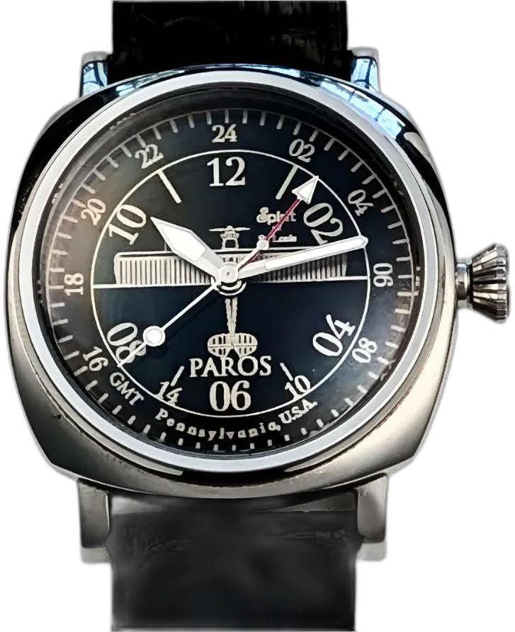 PAROS Transatlantic GMT aviator world-timer GMT, crown-guard case + inner rotating bezel, full Arabic 24h numeral ring